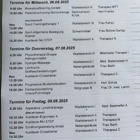 Termine für physiotherapeutische Gruppen und Behandlungen vom 06. bis 08. August 2025.