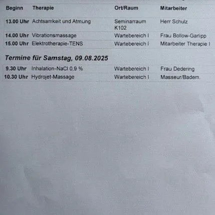 Therapietermine für den 09.08.2025 mit Uhrzeiten, Räumen und Mitarbeitern.