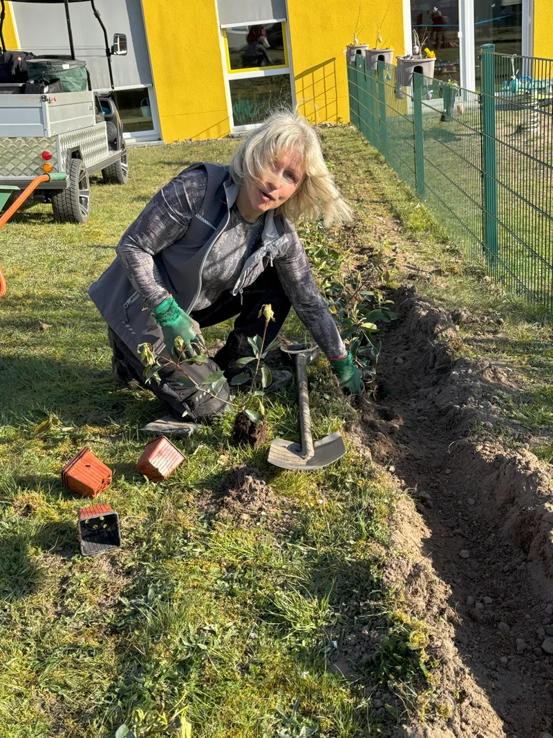 Frau pflanzt Blumen in einem Garten, umgeben von Erde und Pflanzgefäßen.