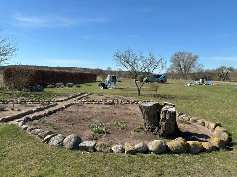 Liegewiese mit Rasen, Sträuchern, einem Baumstumpf und Gartenmöbeln im Frühling.